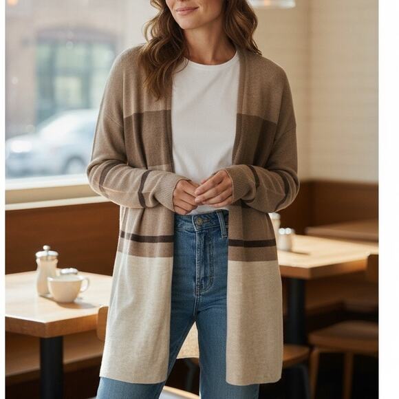 GAP tan striped long oversized open front Knit sweater Neutral Cardigan XS NWT - Picture 2 of 16